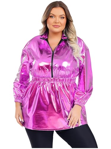 Aislor Damen Plus Size Metallic Glitzer Kleid Pu Leder Kleid Langarm A-linien Kleider Disco Kostüme Cosply Set Clubwear Faschingskostüm Hot Pink 4XL Aislor Damen Plus Size Metallic Glitzer Kleid Pu Leder Kleid Langarm A-linien Kleider Disco Kostüme Cosply Set Clubwear Faschingskostüm Hot Pink 4XL von Aislor