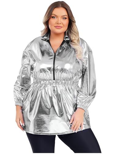 Aislor Damen Plus Size Metallic Glitzer Kleid Pu Leder Kleid Langarm A-linien Kleider Disco Kostüme Cosply Set Clubwear Faschingskostüm Silber 4XL von Aislor