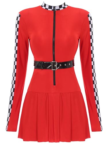 Aislor Damen Rennfahrer Kostüm Kleid Langarm Slim Fit Minikleid mit Zipper Gürtel Pullover Kleid Tenniskleid Halloween Karneval Party A Rot S von Aislor
