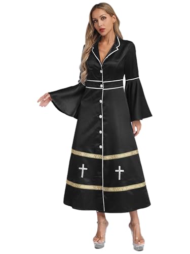 Aislor Damen Römisch Katholische Kirche Priest Robe Minister Kostüm Halloween Cosplay Fasching Karneval Clubwear Schwarz XXL von Aislor