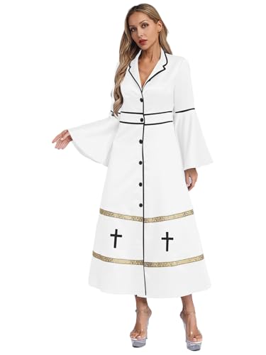 Aislor Damen Römisch Katholische Kirche Priest Robe Minister Kostüm Halloween Cosplay Fasching Karneval Clubwear Weiß XXL von Aislor