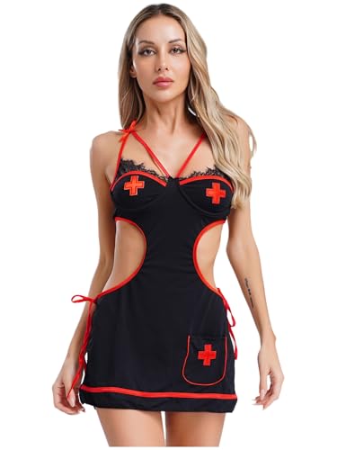 Aislor Damen Schwester Kostüm Cutout Krankenschwester Kostüm Rückenfrei Minikleid Unterwäsche Halloween Fasching Clubwear Rave Outfit Schwarz M von Aislor