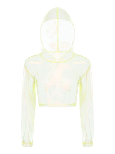 Aislor Damen Transparent Crop Top Langarm Bauchfreies Oberteil mit Kapuzen Glitzer Tanztop Clubwear Nachtclubs Faschingskostüm Gelb XL von Aislor