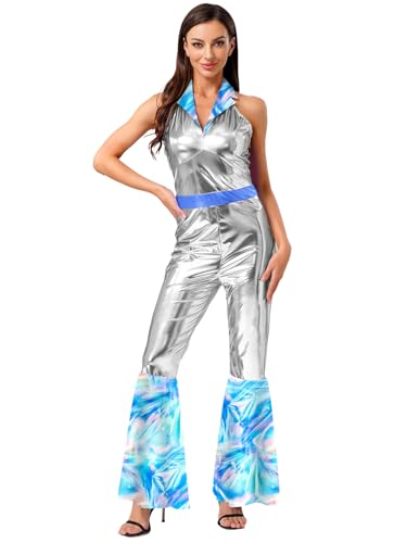 Aislor Damen Vintage Disco Jumpsuit Metallic Ärmellos Overall Mit Revers Kragen Disco Kostüm Hippie Kostüm Halloween Karnevalskostüm Mottopartys Blau 3XL von Aislor