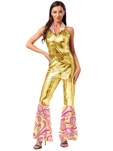Aislor Damen Vintage Disco Jumpsuit Metallic Ärmellos Overall Mit Revers Kragen Disco Kostüm Hippie Kostüm Halloween Karnevalskostüm Mottopartys Gold 3XL von Aislor