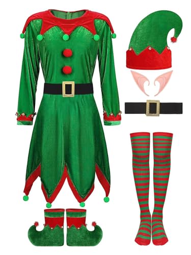 Aislor Damen Weihnachtself Kostüm Wichtel Kostüm Elfenkostüm Langarm Weihnachtskleid + Elfenmützen + Elfenschuhe + Socken Weihnachtsfeier Karneval Party Grün A M von Aislor