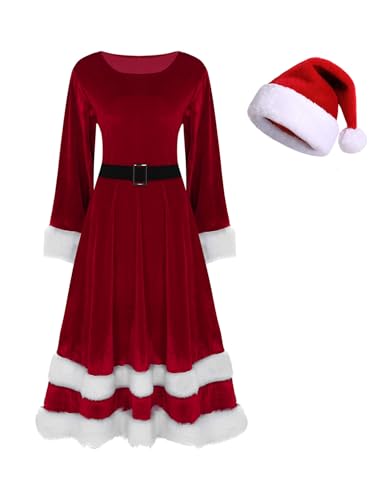Aislor Damen Weihnachtsfrau Kostüm Ärmellos/Langarm Weihnachtskleid + Weihnachtshut Miss Santa Claus Kostüm Weihnachtsmann Kostüm Weihnachtsfeier Party Rot B 5XL von Aislor