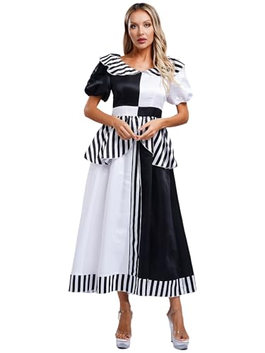Aislor Damen Zirkus Clown Kostüm Halloween Farbblock Kleid Puffärmel Kleid Mit Puppen-halsumfang Partykleid Cosplay Festival Fasching Kostüm Rave Clubwear Black&White 3XL von Aislor