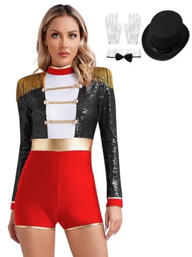 Aislor Damen Zirkus Kostüm Zirkusdirektor Bodzsuit Langarm Body Overall mit Hut Handschule Showmann Cosplay Outfits Halloween Karneval Kostüm Schwarz M von Aislor