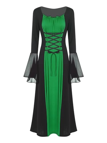 Aislor Gothic Halloween Kleid Damen Baumwolle Mittelalter Kleidung Viktorianisches Kleid mit Schnürung Trompetenärmel Karneval Party Faschingskostüm Grün S von Aislor
