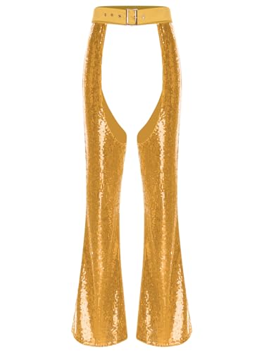 Aislor Halloween Chaps Damen Glitzer Pailletten Hosen Cowgirl Disco Schlaghosen Clubwear Fasching Kostüm Rave Outfit Gold S von Aislor