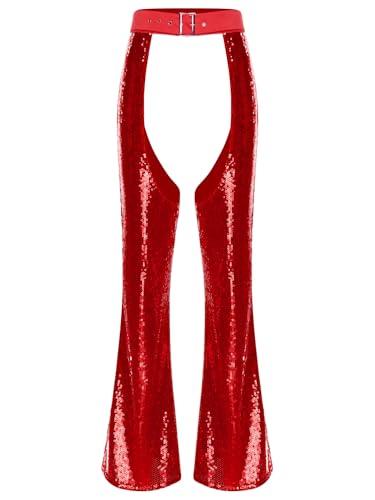 Aislor Halloween Chaps Damen Glitzer Pailletten Hosen Cowgirl Disco Schlaghosen Clubwear Fasching Kostüm Rave Outfit Rot L von Aislor
