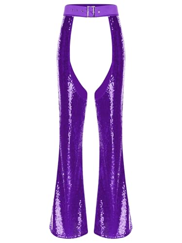 Aislor Halloween Chaps Damen Glitzer Pailletten Hosen Cowgirl Disco Schlaghosen Clubwear Fasching Kostüm Rave Outfit Violett S von Aislor