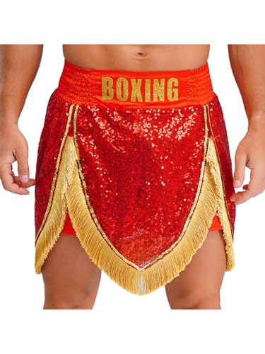 Aislor Herren Box Shorts Pailletten Muay Thai Shorts Boxing Trainingsshorts Männer Sporthose Halloween Cosplay Set Karnevalskostüm Mottoparty Rot M von Aislor