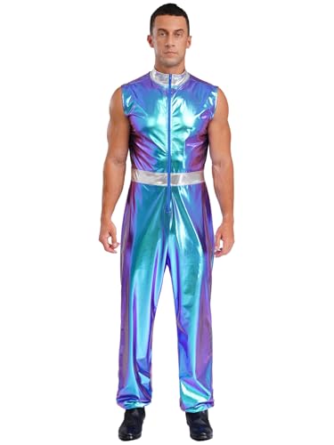 Aislor Herren Disco Kostüm Hippie Outfit Halloween Fasching Kostüm Metallic Overall Ärmellos Jumpsuit Clubwear Rave Outfit Blau XXL von Aislor