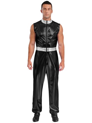 Aislor Herren Disco Kostüm Hippie Outfit Halloween Fasching Kostüm Metallic Overall Ärmellos Jumpsuit Clubwear Rave Outfit Schwarz 3XL von Aislor