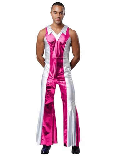 Aislor Herren Glänzend Metallisch Jumpsuit Ärmellos Gestreift Overall Farbblock Rompers Disco Outfit Halloween Karneval Fasching Kostüm Rave Clubwear Hot Pink XL von Aislor