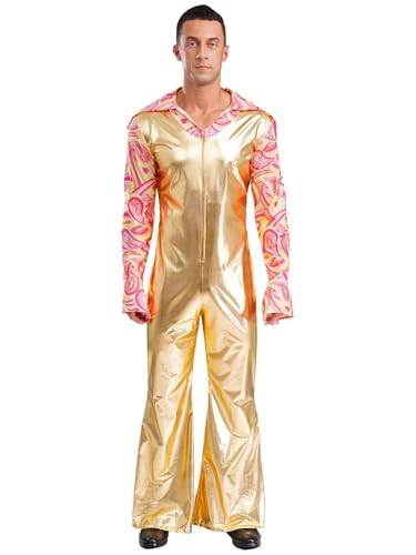 Aislor Herren Glitzer Disco Kostüm Metallic Hippie Kostüm 80er Jahre V-Ausschnitt Overall mit Trompetenarmel Schlaghosen Halloween Cosply Mottopartys Gold XXL von Aislor