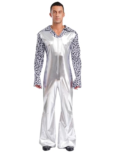 Aislor Herren Glitzer Disco Kostüm Metallic Hippie Kostüm 80er Jahre V-Ausschnitt Overall mit Trompetenarmel Schlaghosen Halloween Cosply Mottopartys Silber 3XL von Aislor