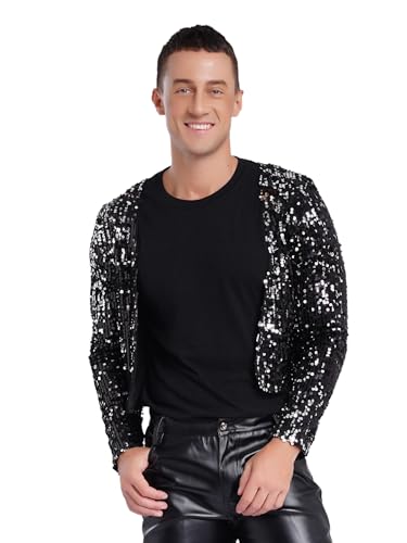 Aislor Herren Glitzer Pailletten Jacke Offene Front Cardigan Langarm Bomberjacke Bauchfreie Crop Top Disco Kostüm Karnevalskostüm Nachtclubs Schwarz L von Aislor