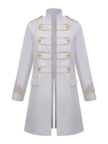 Aislor Herren Gothic Steampunk Mantel Manschetten Vintage Mantel mit Bestickten Mittelalter Gehrock Jacke Viktorianischen Karneval Kostüm Cosplay Halloween Weiß L von Aislor