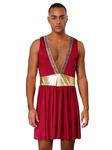 Aislor Herren Griechischer Gott Kostüm Halloween Cosplay Römisch Griechisch Gladiatoren Kostüme V-Ausschnitt Robe Retro Mittelalter Kleid Fasching Kostüm Burgundy XL von Aislor