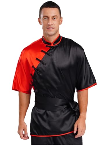 Aislor Herren Kung Fu & Tai Chi Shirt Stehkragen Kurzarm Taiji Anzug Mit Gürtel Qi Gong Kampfsport Wing Chun Shaolin Hemd Trainingstücher Bekleidung Rot M von Aislor