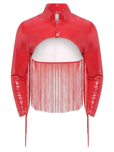 Aislor Herren Lack Leder Jacke Crop Tops Langarm Oberteile mit Quasten Streetwear Clubwear Karnevalskostüm Rave Outfit Rot L von Aislor