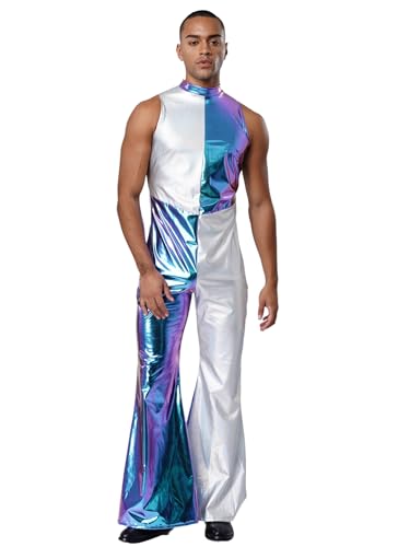 Aislor Herren Metallic Jumpsuit Farbblock Overall Ärmellos Catsuit Rompers Jazz Hip Hop Kostüme Disco Kostüm Festival Outfit Halloween Karnevalskostüm Blau XL von Aislor