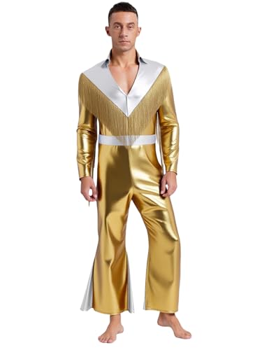 Aislor Herren Metallic Jumpsuit V-ausschnitt Overall mit Quasten Disco Kostüm Halloween Cosplay Karneval Fasching Kostüm Clubwear von Aislor