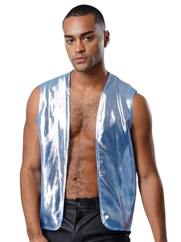 Aislor Herren Metallic Weste Offene Front Tank Top Ärmellos Cardigan Muscle Shirt Halloween Clubwear Faschingskostüm Nachtclubs Blau S von Aislor