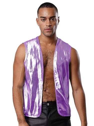 Aislor Herren Metallic Weste Offene Front Tank Top Ärmellos Cardigan Muscle Shirt Halloween Clubwear Faschingskostüm Nachtclubs Violett XXL von Aislor