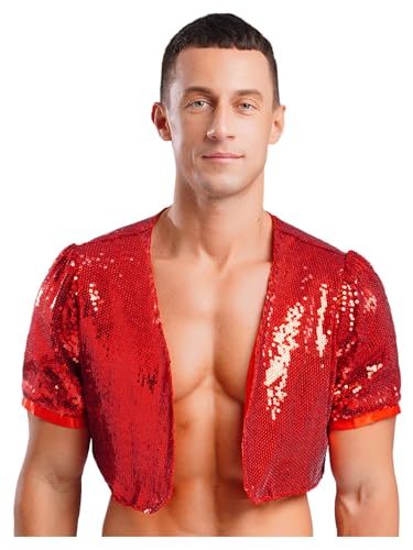 Aislor Herren Pailletten Crop Tops Glitzer Bauchfreie Oberteile V-Ausschnitt Kurzarmshirt Disco Kostüm Jazz Tanztop Rave Outfit Nachtclubs Rot L von Aislor