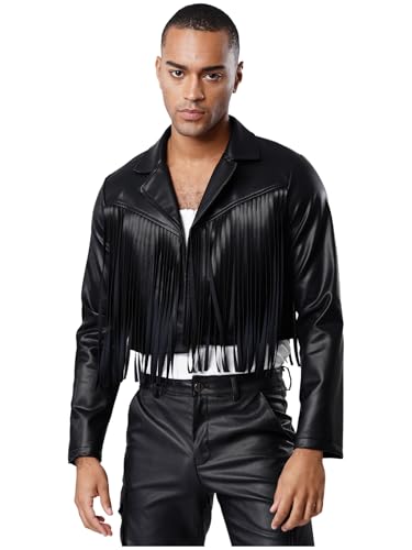 Aislor Herren Western Cowboy Kostüm Bikerjacket Offene Cardigan Kunstleder Crop Tops Halloween Karnevalskostüm Clubwear Nachtclubs Schwarz XL von Aislor