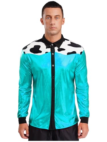 Aislor Herren Western Cowboy Kostüm Halloween Kuh Muster Oberteile Metallic Hemd Glitzer Langarmshirt Faschingskostüm Rave Outfit Clubwear Hellblau L von Aislor