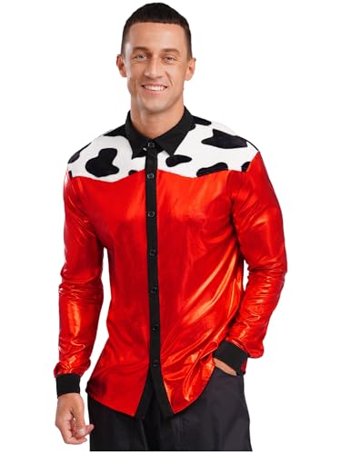 Aislor Herren Western Cowboy Kostüm Halloween Kuh Muster Oberteile Metallic Hemd Glitzer Langarmshirt Faschingskostüm Rave Outfit Clubwear Rot L von Aislor
