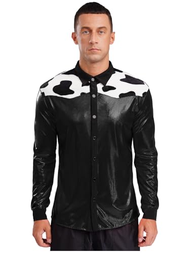 Aislor Herren Western Cowboy Kostüm Halloween Kuh Muster Oberteile Metallic Hemd Glitzer Langarmshirt Faschingskostüm Rave Outfit Clubwear Schwarz S von Aislor
