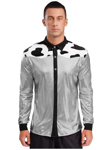 Aislor Herren Western Cowboy Kostüm Halloween Kuh Muster Oberteile Metallic Hemd Glitzer Langarmshirt Faschingskostüm Rave Outfit Clubwear Silber L von Aislor