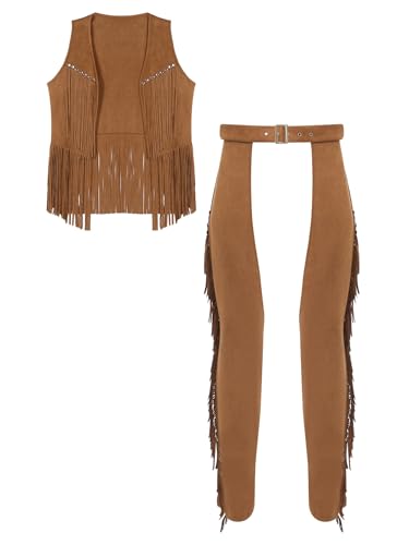 Aislor Herren Western Cowboy Kostüm Set Halloween Wildleder Weste mit Quasten Western Chaps Hollow Out Hose Cosplay Karnevalskostüm Clubwear Braun L von Aislor