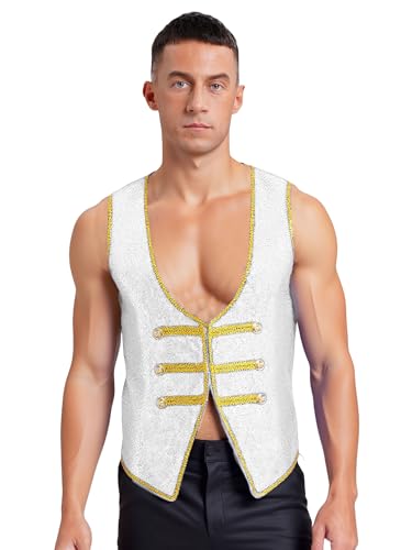 Aislor Herren Zirkus Kostüm Halloween Glitzer Pailletten Weste Ärmellos Vintage Frack Cosplay Karneval Faschingskostüm Mottopartys Rave Outfit Silber L von Aislor