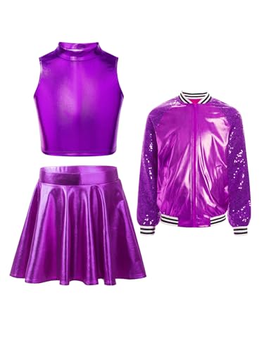Aislor Mädchen Metallic Disco Jazz Outfits Jacke mit Ärmellos crop Top und Tanzrock Retro Tanz Kleidung Karneval Clubwear Violett 122-128 Aislor Mädchen Metallic Disco Jazz Outfits Jacke mit Ärmellos crop Top und Tanzrock Retro Tanz Kleidung Karneval Clubwear Violett 122-128 von Aislor