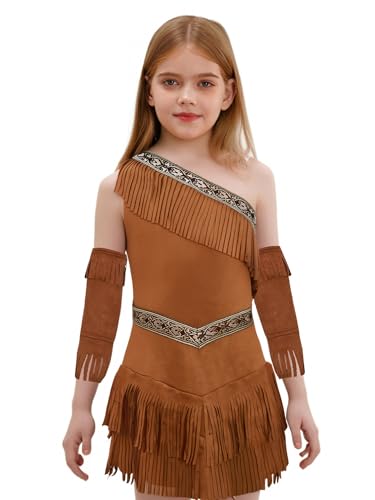 Aislor Mädchen Native American Prinzessin Kostüm Ärmellos Fransen Wildleder Kleid Halloween Cosplay Karneval Kostüm One-shoulder Minikleid Clubwear Braun 146-152 Aislor Mädchen Native American Prinzessin Kostüm Ärmellos Fransen Wildleder Kleid Halloween Cosplay Karneval Kostüm One-shoulder Minikleid Clubwear Braun 146-152 von Aislor