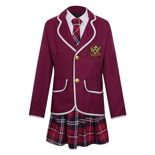 Aislor Mädchen Schulmädchen Kostüm JK Schuluniform Hemd + Krawatte + Rock + Blazer 4Tlg Japan Anime Schule Cosplay Outfits Faschingskostüme Mottoparty Burgundy 104-110 von Aislor