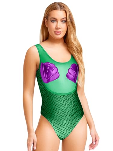 Aislor Meerjungfrau Kostüm Damen Halloween Cosplay Set Meerjungfrau Body Metallic Bodusuit Ärmellos Monokini Fasching Karnevalskostüm Clubwear Grün M von Aislor