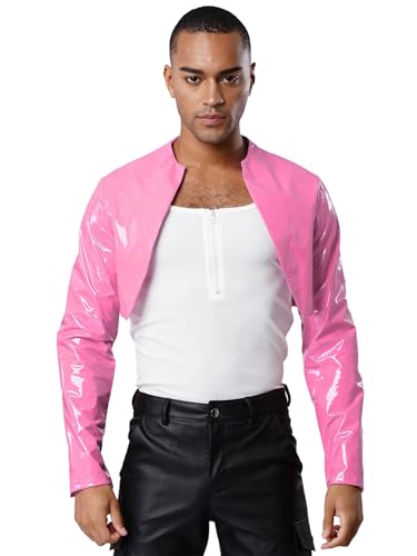 Aislor Pu Leder Crop Jacken Herren 70er Disco Kostüm Western Cowboy Jacke Wetlook Bolerojacke Langarm Bauchfreie Oberteile Halloween Clubwear Karnevalskostüm Rosa 4XL von Aislor