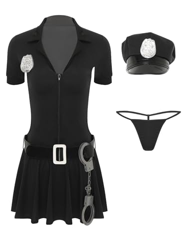 Aislor Sexy Polizei Kostüm Damen Kleid Polizistin Uniform mit Mütze Handschnelle Cop Costume Komplettes Outfit für Halloween Karneval Party X Schwarz M von Aislor