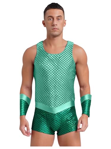 Aislor Triton König Kostüm Herren Halloween Poseidon Wassermann Bodysuit Ärmellos Meerjungfrau Badeanzug Meeresgott Cosplay Faschingskostüm Mottopartys Mintgrün XXL von Aislor