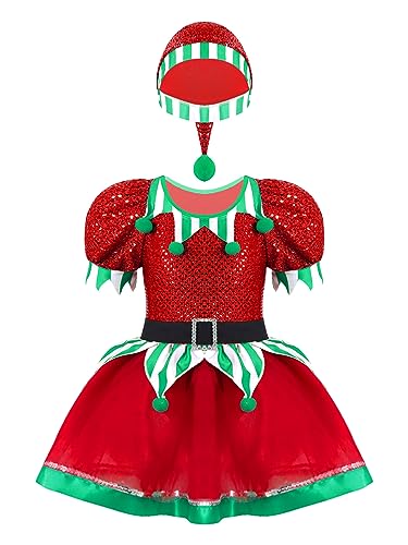 Aislor Weihnachten Kostüm Mädchen Pailletten Weihnachtskleid mit Ruffle Ärmel Weihnachtshut Prinzessin Tutu Kleid Weihnachten Partykleid Faschingskostüm Rot E 158-164 von Aislor