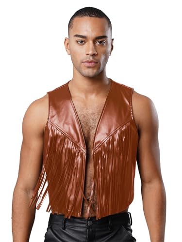 Aislor Western Cowboy Kostüm Herren Cowboy Weste Männer Leder Tanktop Mit Quaste Offenes Motorrad Kurzjacke Festival Outfit Fasching Kostüm Rave Outfit Braun XL von Aislor
