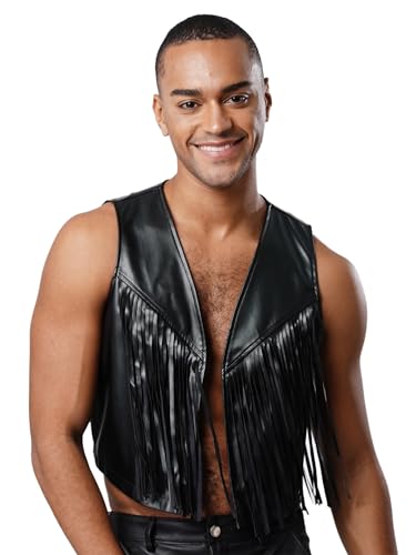 Aislor Western Cowboy Kostüm Herren Cowboy Weste Männer Leder Tanktop Mit Quaste Offenes Motorrad Kurzjacke Festival Outfit Fasching Kostüm Rave Outfit Schwarz XXL von Aislor